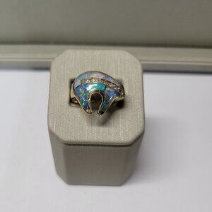 Hanta Bear Shaped Ring, Opal Inlaid w/Melee Diamonds-14kt Yellow Gold, Size 6.5